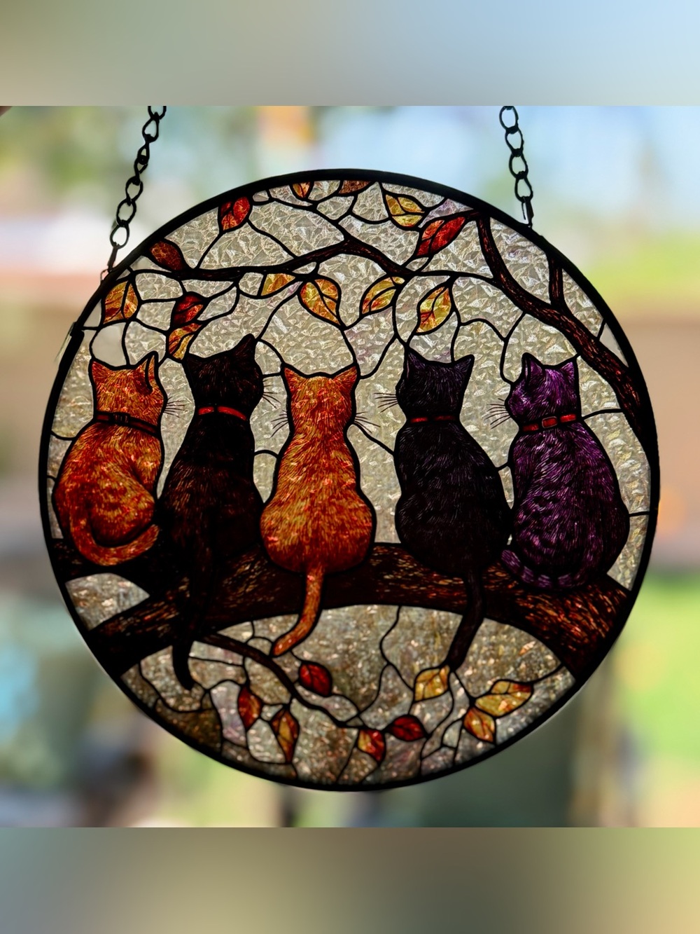 Stained “Glass” Cat Suncatcher - Five Cats on Branch Acrylic Gift 4 Cat Lovers